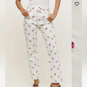 Reformation NWT Cherries Embroidered High Rose Straight Jeans size 25